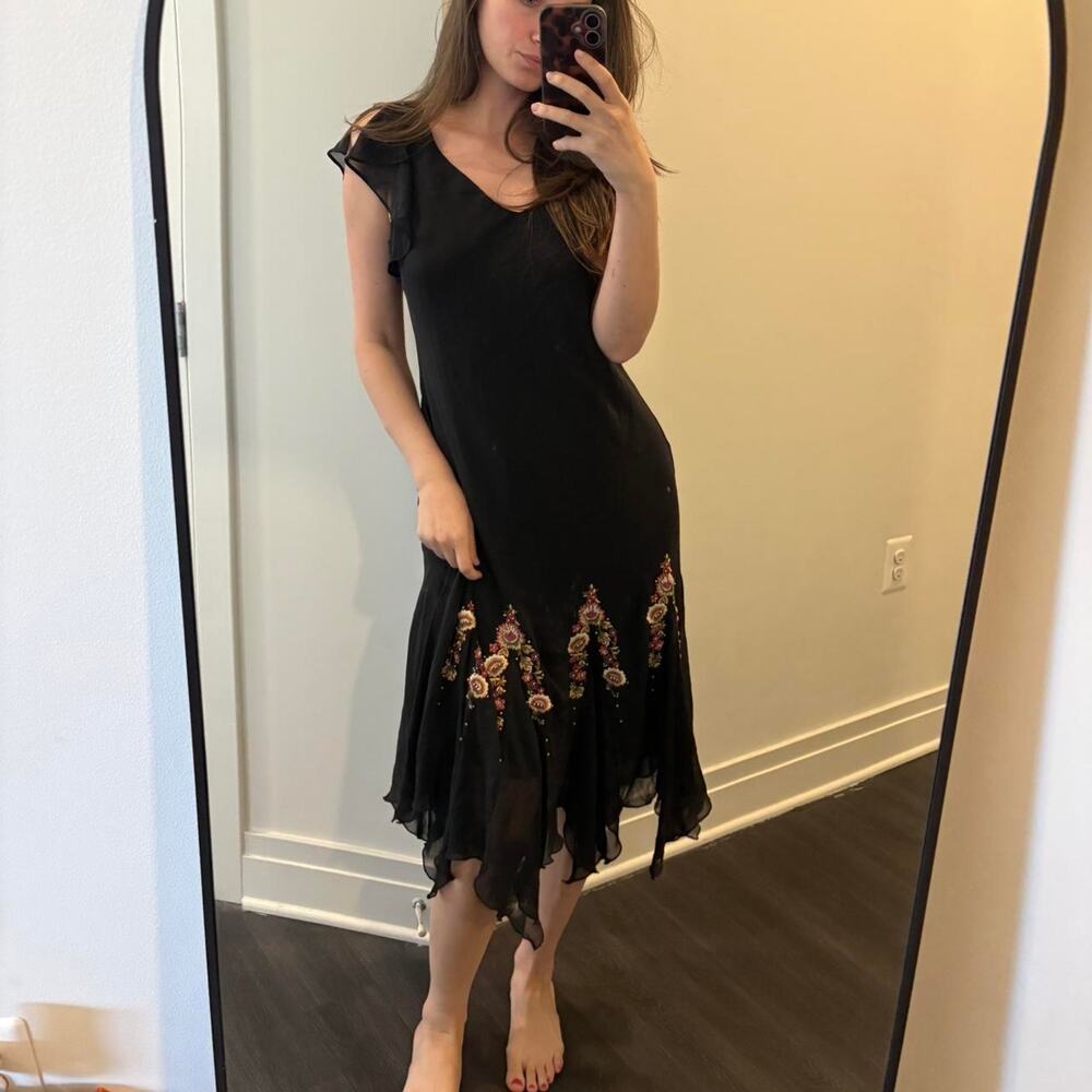 Vintage Y2K Black midi dress with floral embroidery and sheer skir